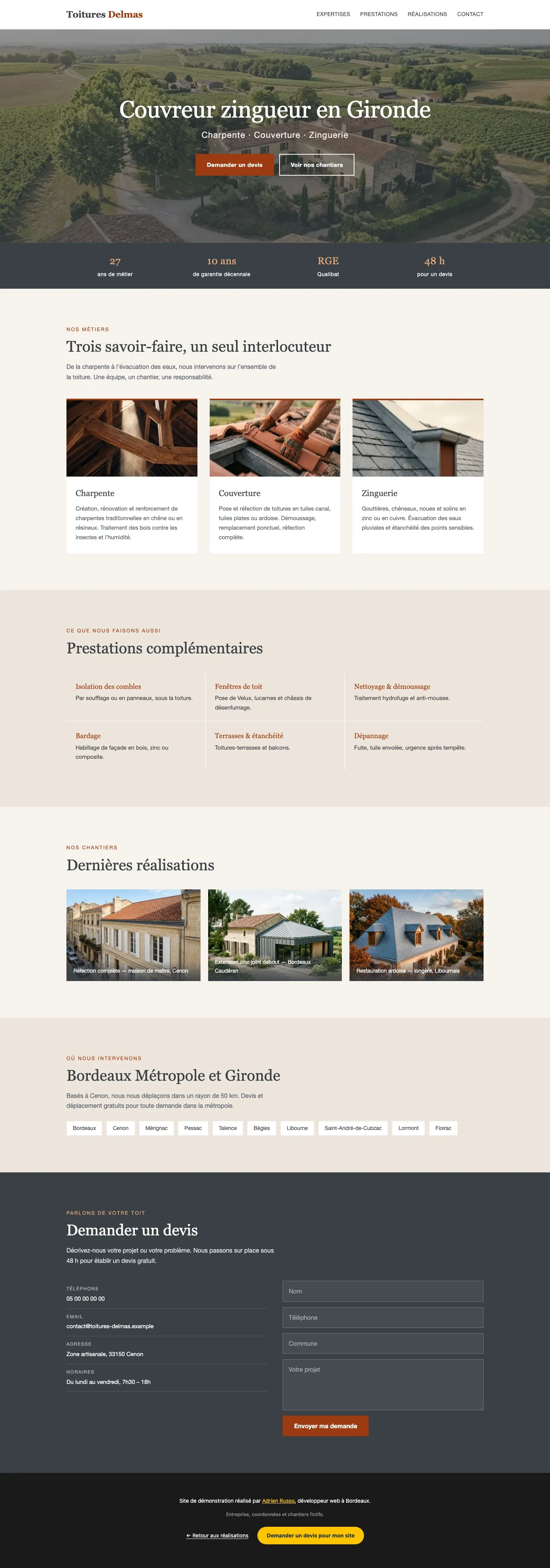 Page d'accueil du site de démonstration Toitures Delmas, couvreur zingueur en Gironde
