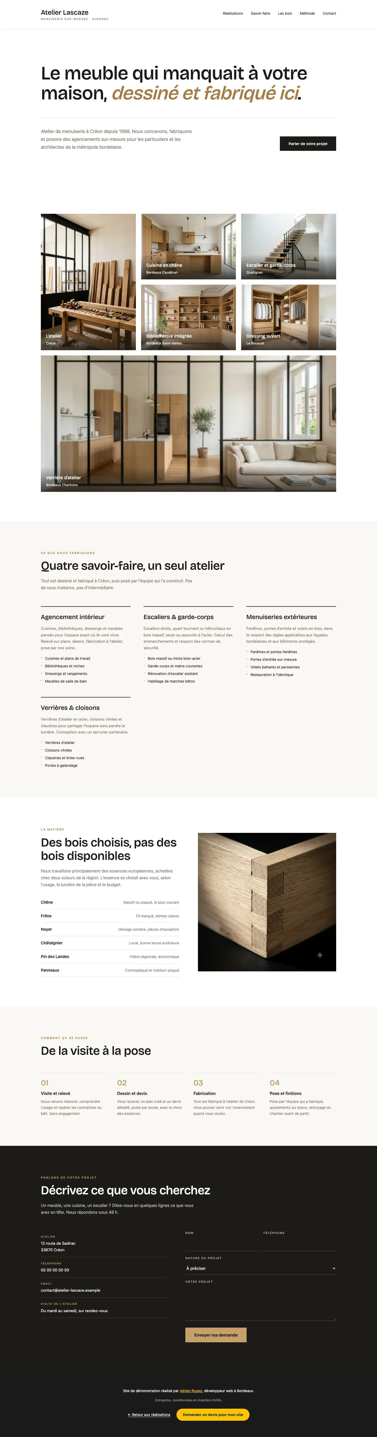 Page d'accueil du site de démonstration Atelier Lascaze, menuisier à Bordeaux